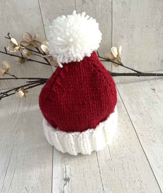 Christmas Baby Beanie Hat with White Snowball Bobble; 0-3 months;  Red/White;  Keepsake or Baby Shower Gift
