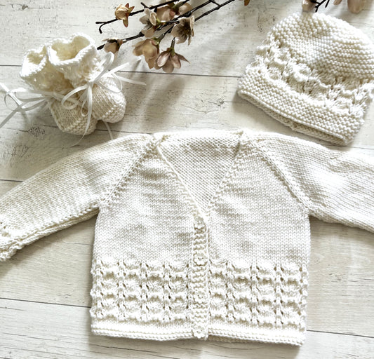 Handknitted 100% Merino Babies Cardigan, Hat and Booties Set; Size: 0-6mths;  White