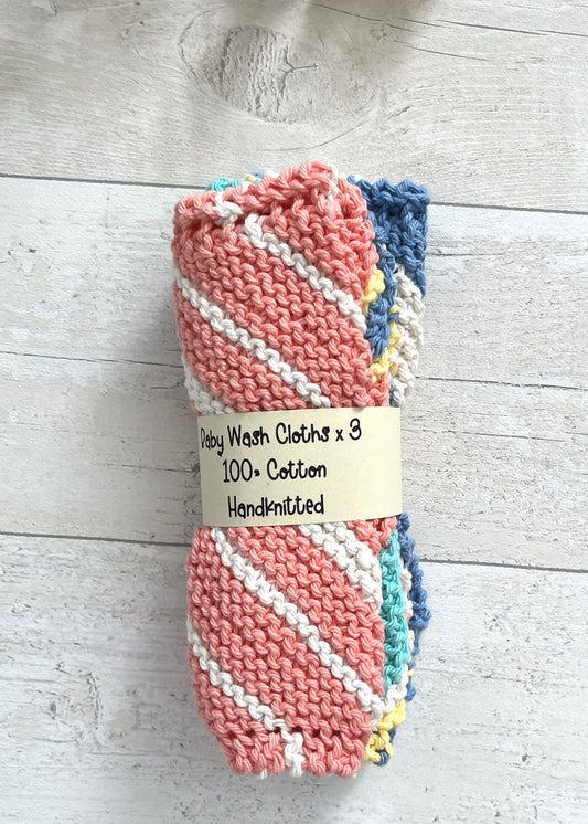 100% Organic Soft, Hand-Knitted, Cotton Baby Wash Cloth/Flannel; Set of Three Cloths
