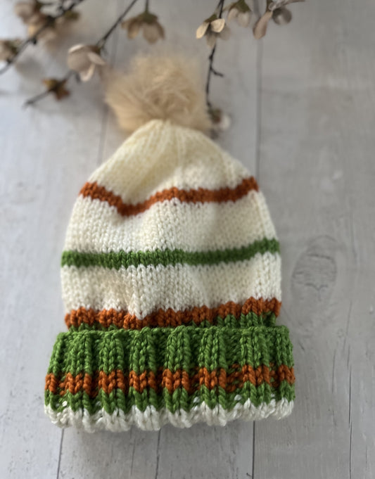 Child's Chunky Weight Bobble Hat;  Unisex; White with Stripes