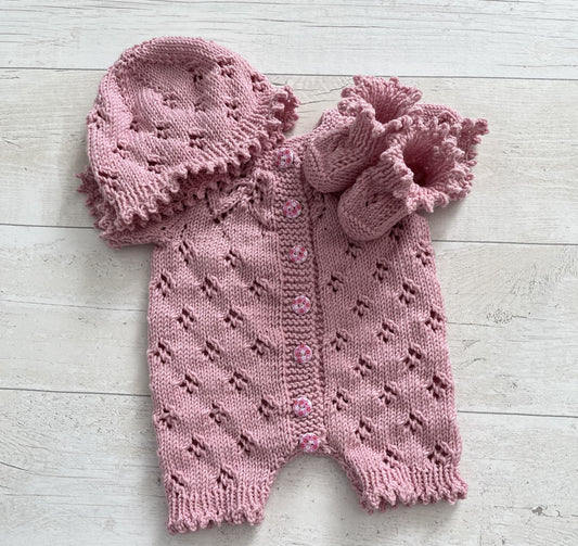 100% Merino Babies Romper Suit, Hat and Booties Set; Size: 0-3mths;  Pink