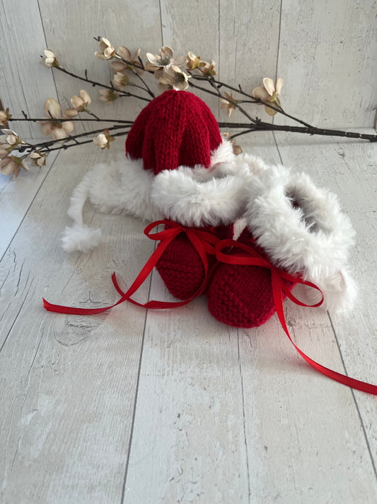 Christmas Baby Booties and Matching Hat; 0-3 months;  Red/White;  Keepsake or Xmas Gift
