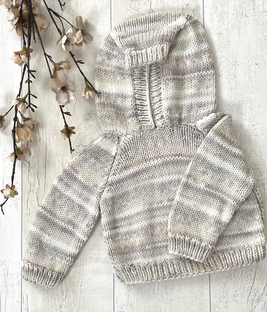 Handknitted Babies Hooded Jumper; Size: 0-3mths, Grey/Cream Fair Isle, Baby Shower, Gift, New Arrival