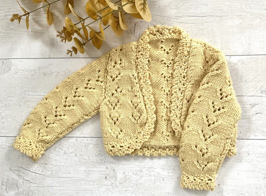 HANDKNITTED Babies Lace Cardigan/Shrug;  Yellow; Size: 3mths; Ideal Baby Shower or Gift