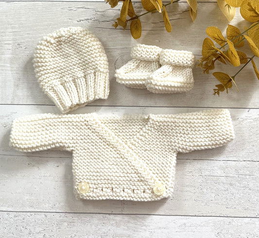 Early Baby/Preemie/16" Reborn Doll; Handknitted Crossover Cardigan, Hat and Socks;  Cream/Ecru, Approx. size chest 12in