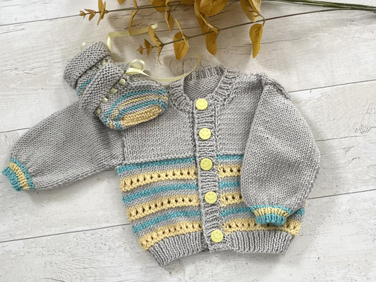 Handknitted 100% Merino Babies Cardigan and Booties Set; Size: 0-3mths;  Grey, Blue, Yellow