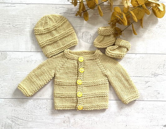 Early Baby/Preemie/16" Reborn Doll; Handknitted Cardigan, Socks & Hat;  Yellow, Approx. size chest 12in