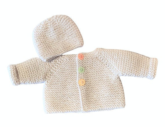 Early Baby/Preemie/16" Reborn Doll; Handknitted Cardigan & Hat;  Ecru/Cream; Approx. size chest 12in